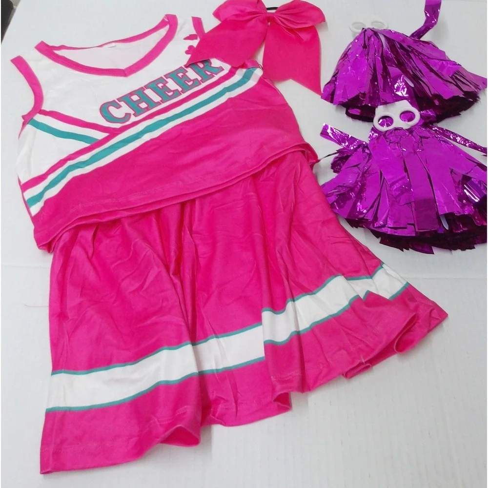 Cheerleader Costume Pink White Uniform Set‎ with Pom Poms NEW 4/5yo /#26569